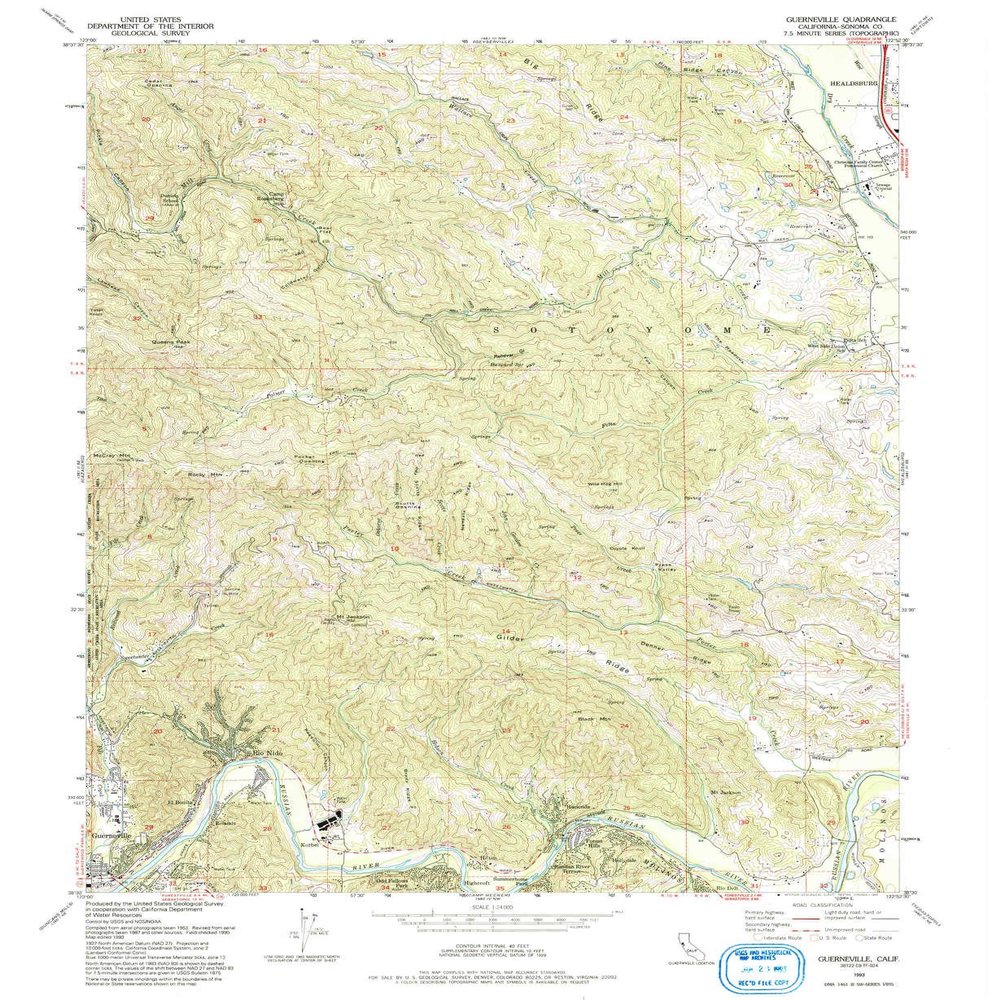 YellowMaps Guerneville CA topo map, 1:24000 Scale, 7.5 X 7.5 Minute, Historical, 1993, Updated 1993, 26.7 x 21.9 in - Polypropylene