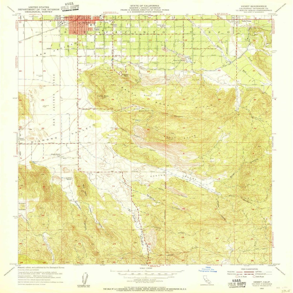 YellowMaps Hemet CA topo map, 1:24000 Scale, 7.5 X 7.5 Minute, Historical, 1953, Updated 1955, 26.8 x 22 in - Polypropylene
