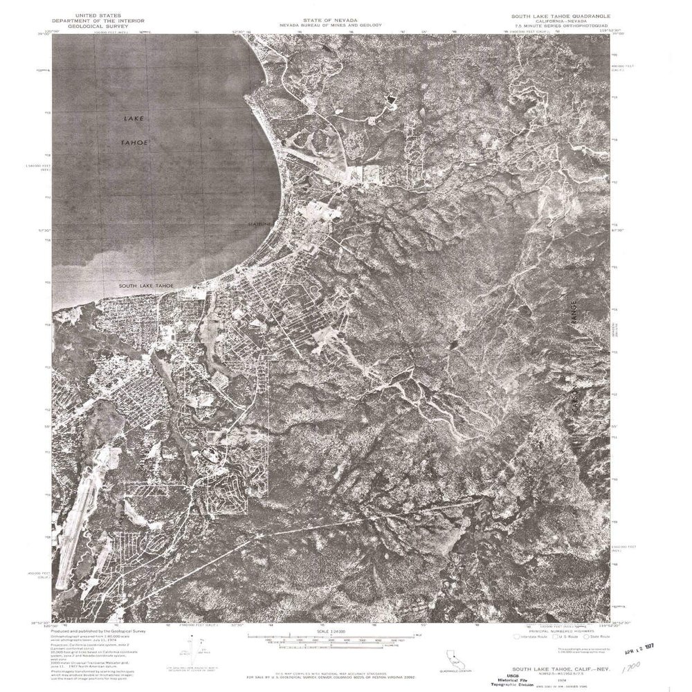 YellowMaps South Lake Tahoe CA topo map, 1:24000 Scale, 7.5 X 7.5 Minute, Historical, 1974, Updated 1977, 26.6 x 21.9 in - Polypropylene