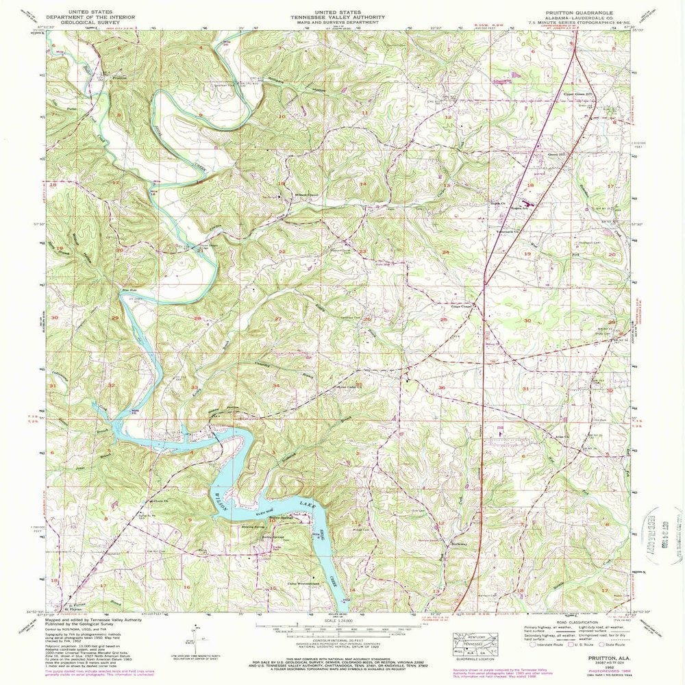 YellowMaps Pruitton AL topo map, 1:24000 Scale, 7.5 X 7.5 Minute, Historical, 1952, Updated 1988, 26.8 x 22 in - Polypropylene