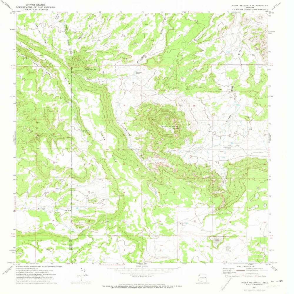 YellowMaps Mesa Redonda AZ topo map, 1:24000 Scale, 7.5 X 7.5 Minute, Historical, 1971, Updated 1973, 26.8 x 22 in - Polypropylene