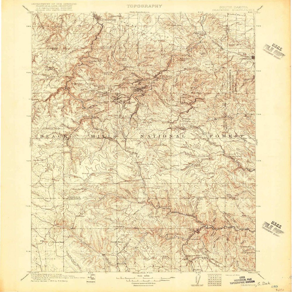 YellowMaps Deadwood SD topo map, 1:125000 Scale, 30 X 30 Minute, Historical, 1916, 19.7 x 16.4 in - Tyvek
