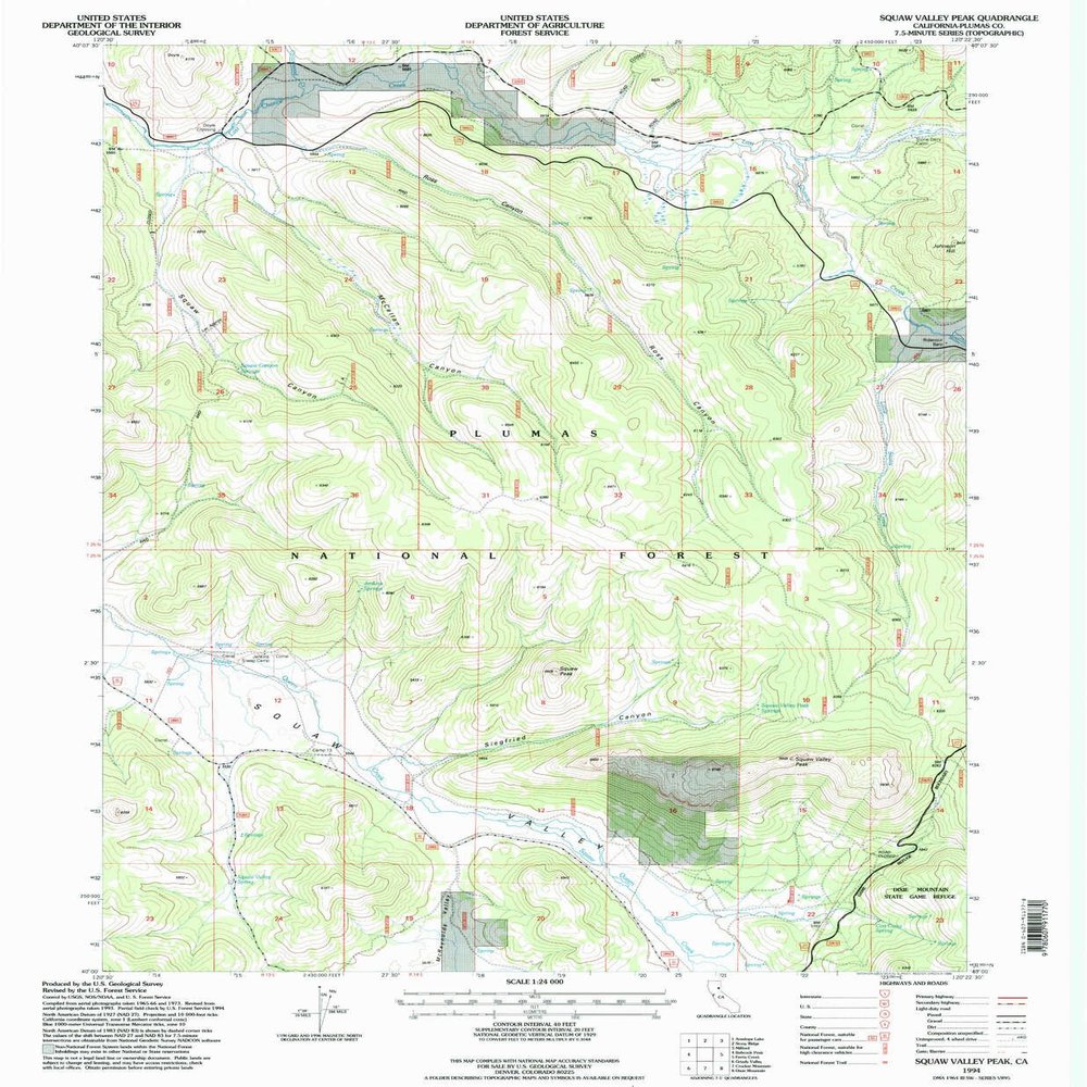YellowMaps Squaw Valley Peak CA topo map, 1:24000 Scale, 7.5 X 7.5 Minute, Historical, 1994, Updated 1998, 26.6 x 21.9 in - Polypropylene