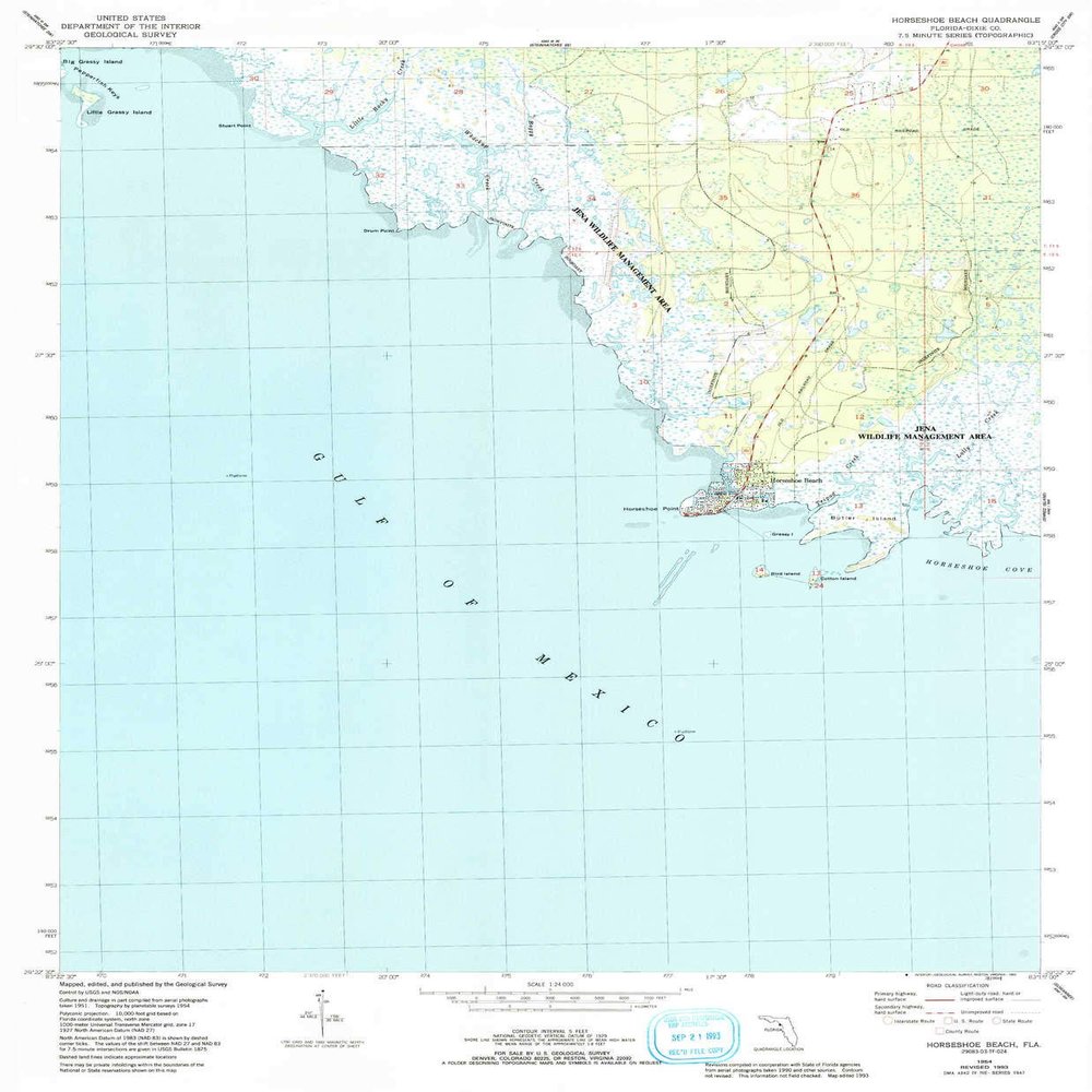 YellowMaps Horseshoe Beach FL topo map, 1:24000 Scale, 7.5 X 7.5 Minute, Historical, 1954, Updated 1993, 26.9 x 22.2 in - Polypropylene