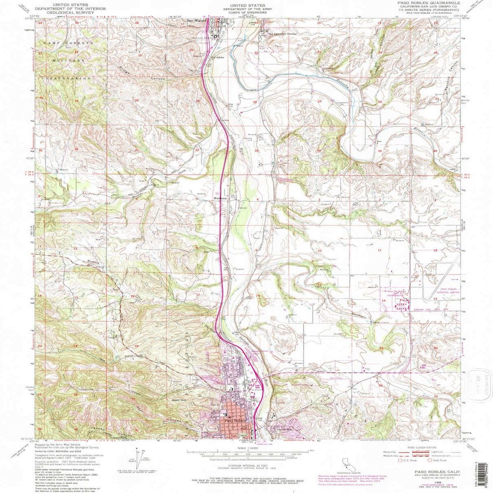 YellowMaps Paso Robles CA topo map, 1:24000 Scale, 7.5 X 7.5 Minute, Historical, 1948, Updated 1984, 26.7 x 21.5 in - Tyvek