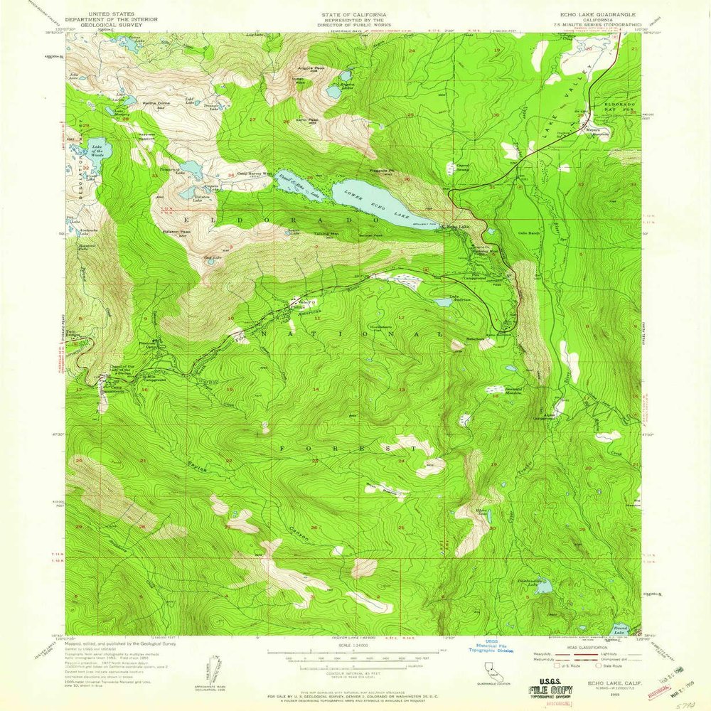 YellowMaps Echo Lake CA topo map, 1:24000 Scale, 7.5 X 7.5 Minute, Historical, 1955, Updated 1959, 26.8 x 22 in - Polypropylene