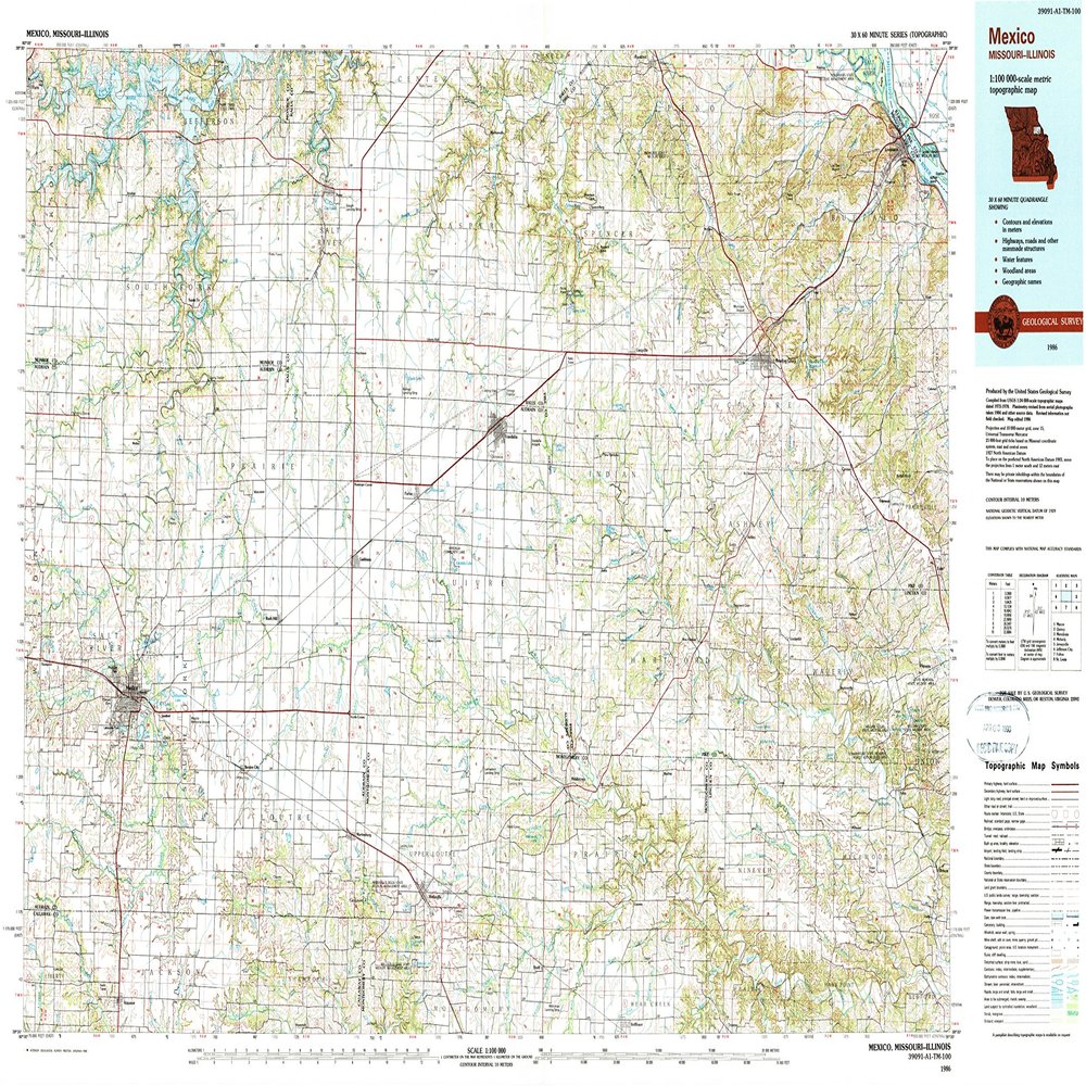 YellowMaps Mexico MO topo map, 1:100000 Scale, 30 X 60 Minute, Historical, 1986, Updated 1990, 24.1 x 40 in - Polypropylene
