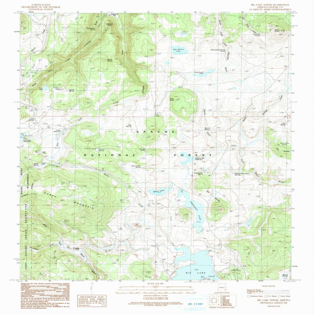 YellowMaps Big Lake North AZ topo map, 1:24000 Scale, 7.5 X 7.5 Minute, Historical, 1991, Updated 1991, 26.7 x 22 in - Tyvek