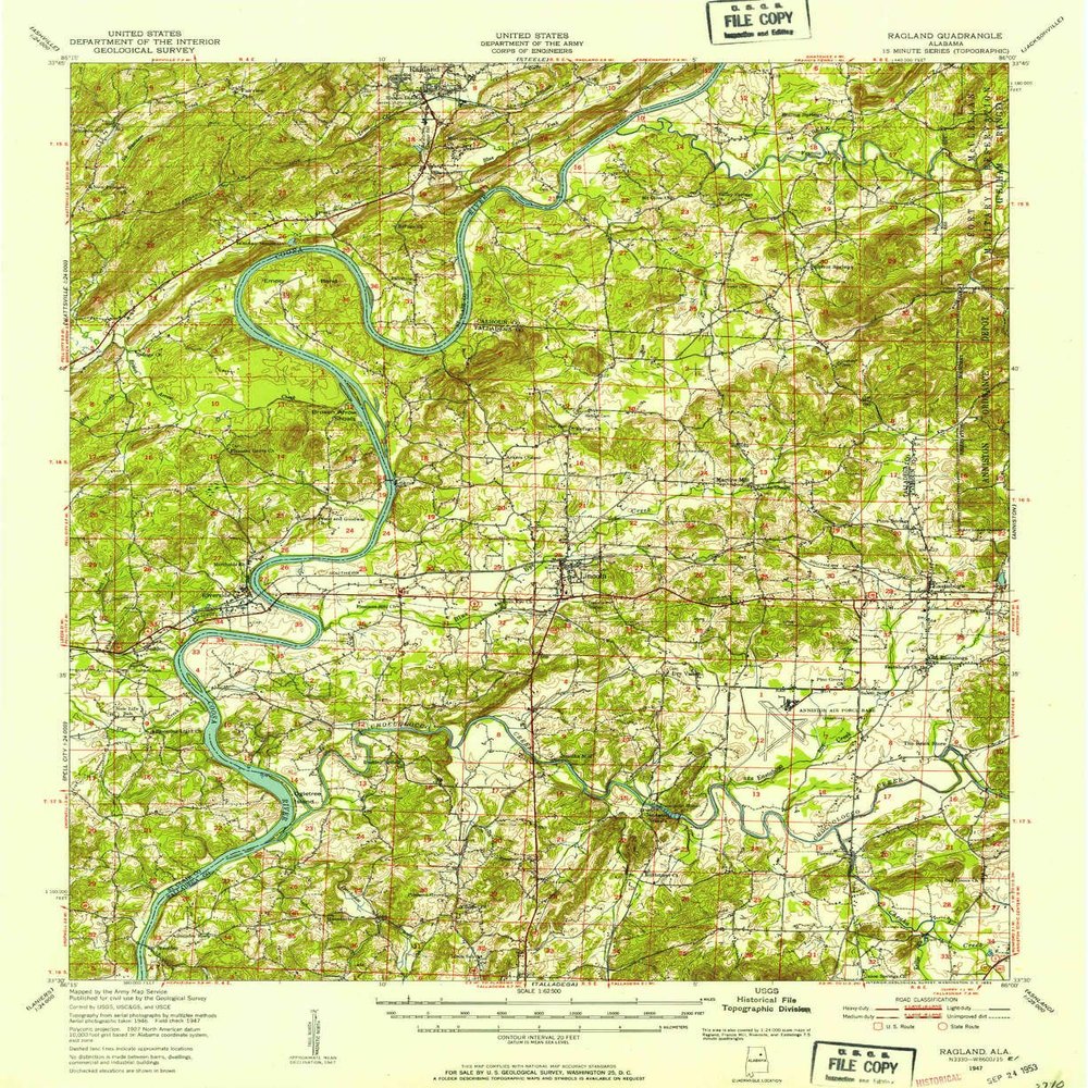 YellowMaps Ragland AL topo map, 1:62500 Scale, 15 X 15 Minute, Historical, 1947, Updated 1953, 20.7 x 16.9 in - Polypropylene
