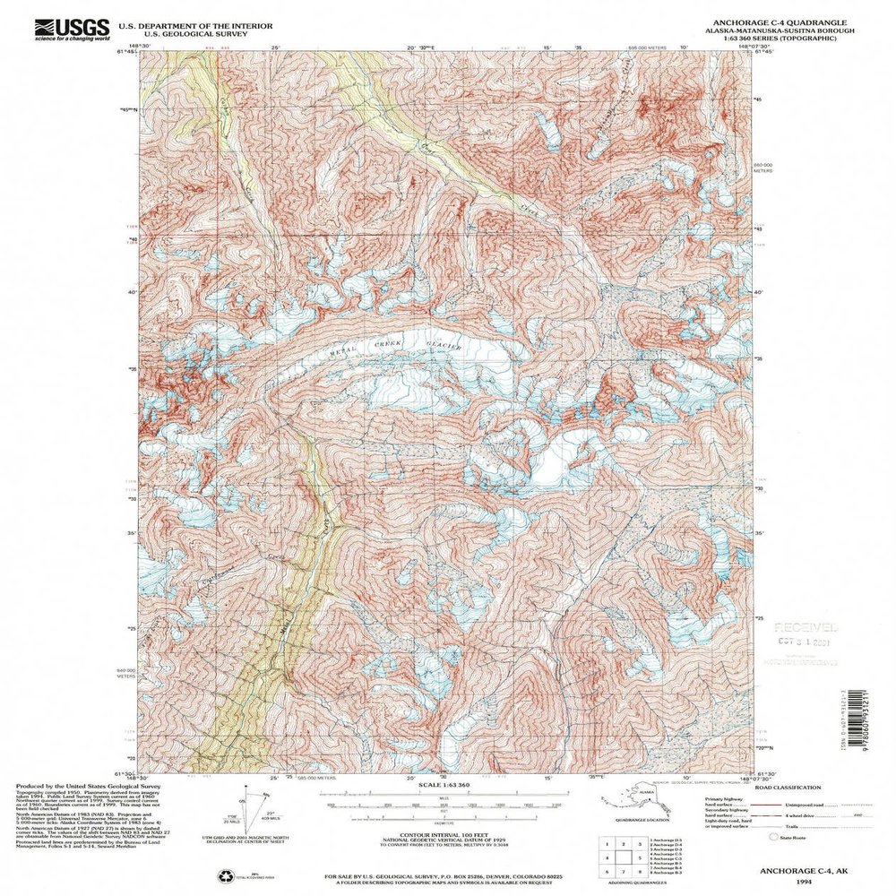 YellowMaps Anchorage C 4 AK topo map, 1:63360 Scale, 15 X 15 Minute, Historical, 1994, Updated 2001, 21.5 x 18 in - Polypropylene