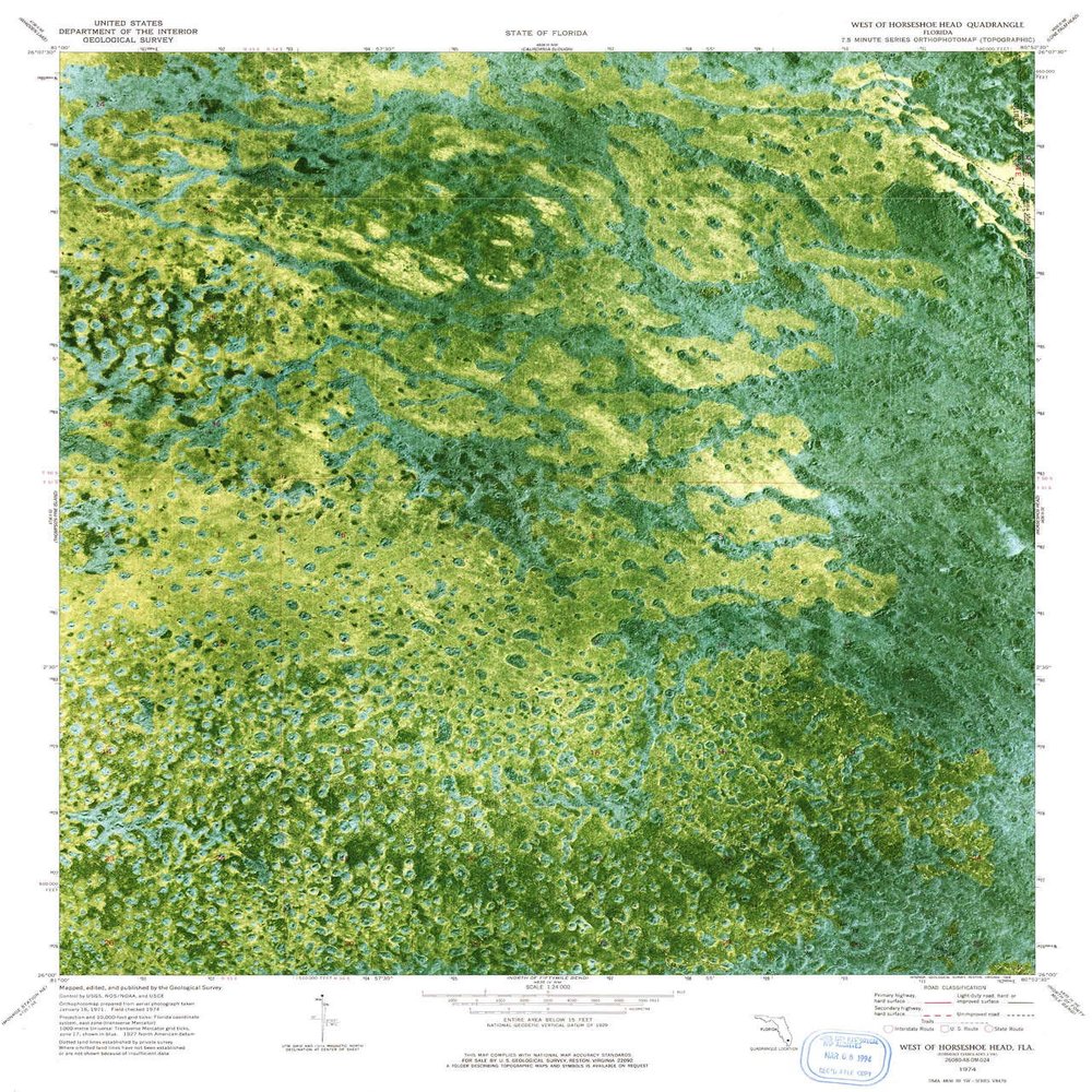 YellowMaps West of Horseshoe Head FL topo map, 1:24000 Scale, 7.5 X 7.5 Minute, Historical, 1974, Updated 1993, 26.9 x 23 in - Polypropylene