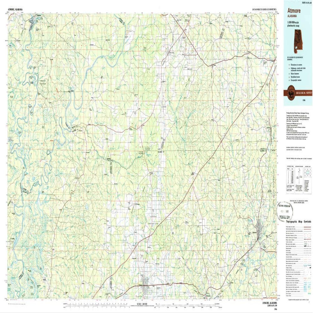 YellowMaps Atmore AL topo map, 1:100000 Scale, 30 X 60 Minute, Historical, 1986, Updated 1986, 24 x 43.7 in - Polypropylene