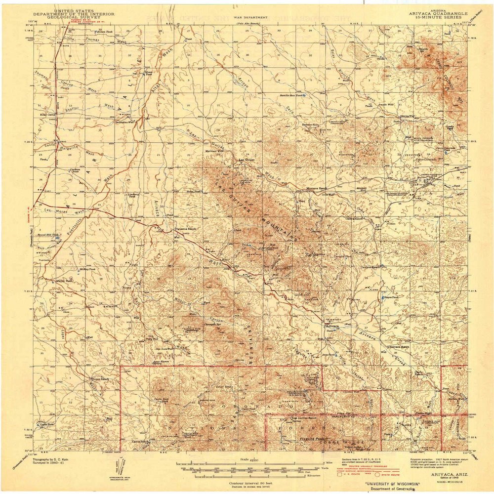 YellowMaps Arivaca AZ topo map, 1:62500 Scale, 15 X 15 Minute, Historical, 1943, 20.2 x 17 in - Polypropylene