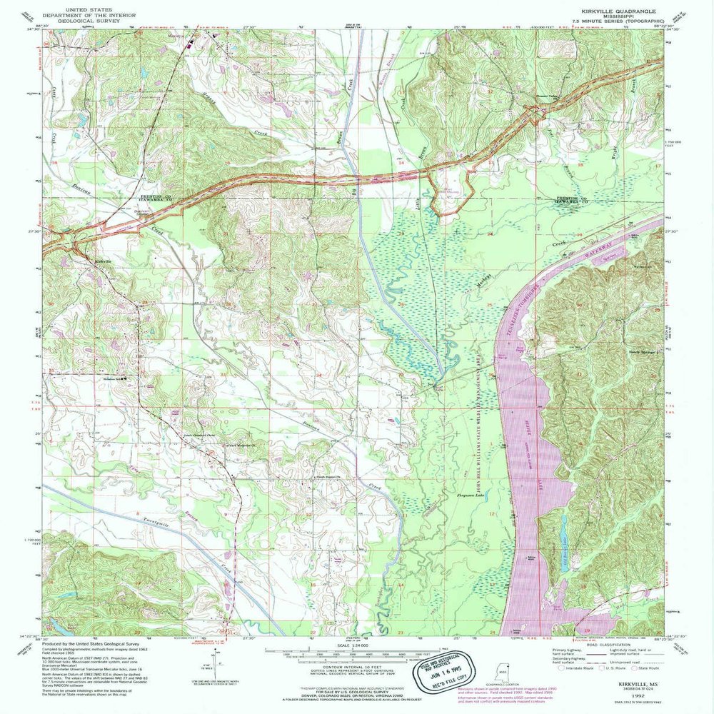 YellowMaps Kirkville MS topo map, 1:24000 Scale, 7.5 X 7.5 Minute, Historical, 1992, Updated 1995, 26.8 x 21.6 in - Polypropylene