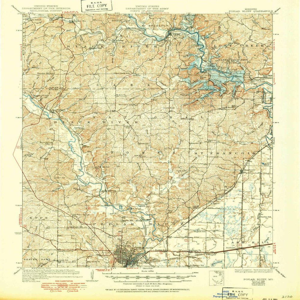 YellowMaps Poplar Bluff MO topo map, 1:62500 Scale, 15 X 15 Minute, Historical, 1935, Updated 1950, 20.7 x 16.9 in - Tyvek