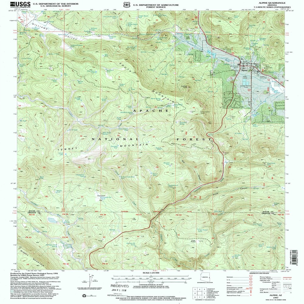 YellowMaps Alpine AZ topo map, 1:24000 Scale, 7.5 X 7.5 Minute, Historical, 1997, Updated 2000, 26.7 x 21.6 in - Polypropylene