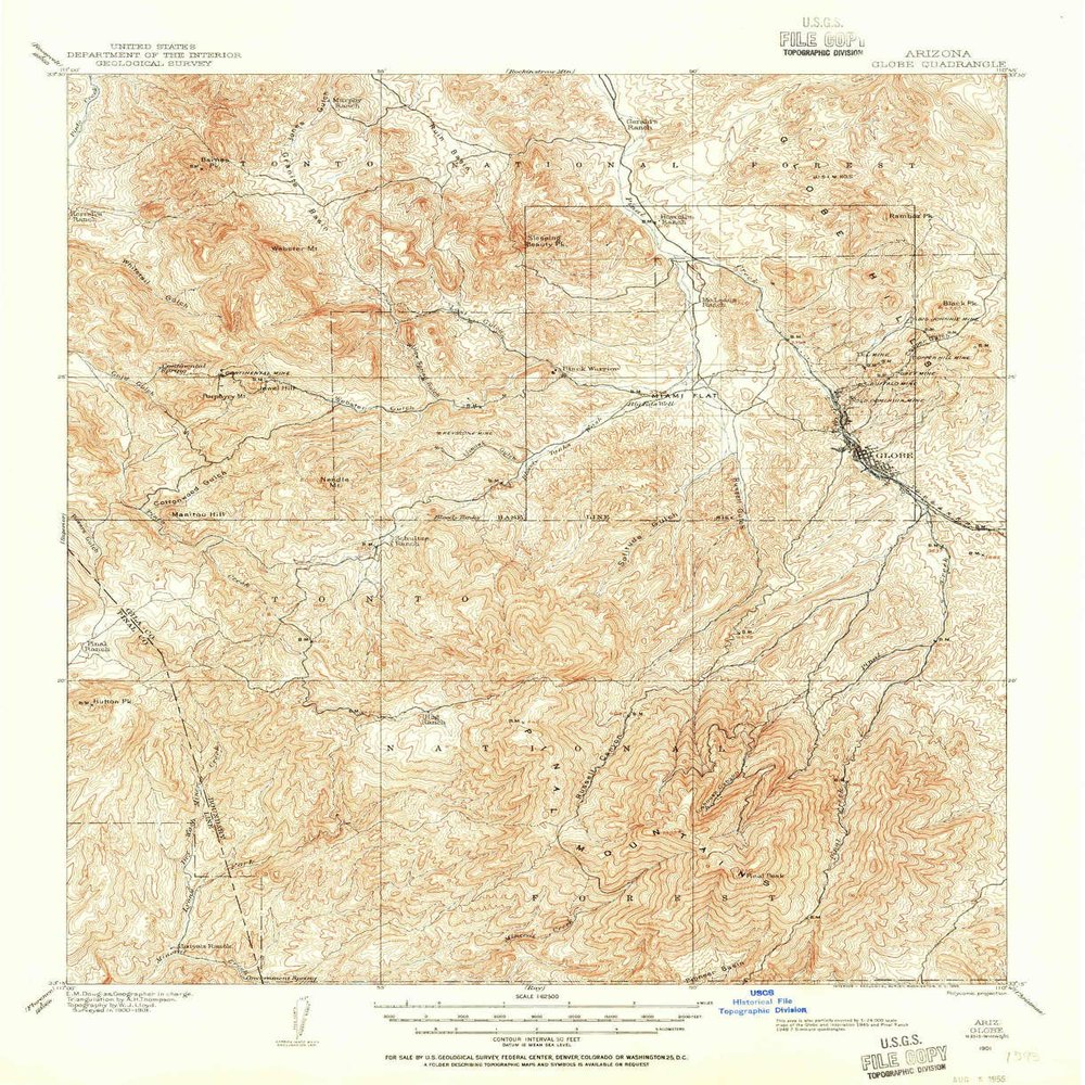 YellowMaps Globe AZ topo map, 1:62500 Scale, 15 X 15 Minute, Historical, 1901, Updated 1955, 20.8 x 16.9 in - Polypropylene