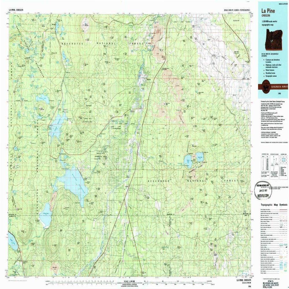 YellowMaps La Pine OR topo map, 1:100000 Scale, 30 X 60 Minute, Historical, 1986, Updated 1987, 24.1 x 37.9 in - Tyvek