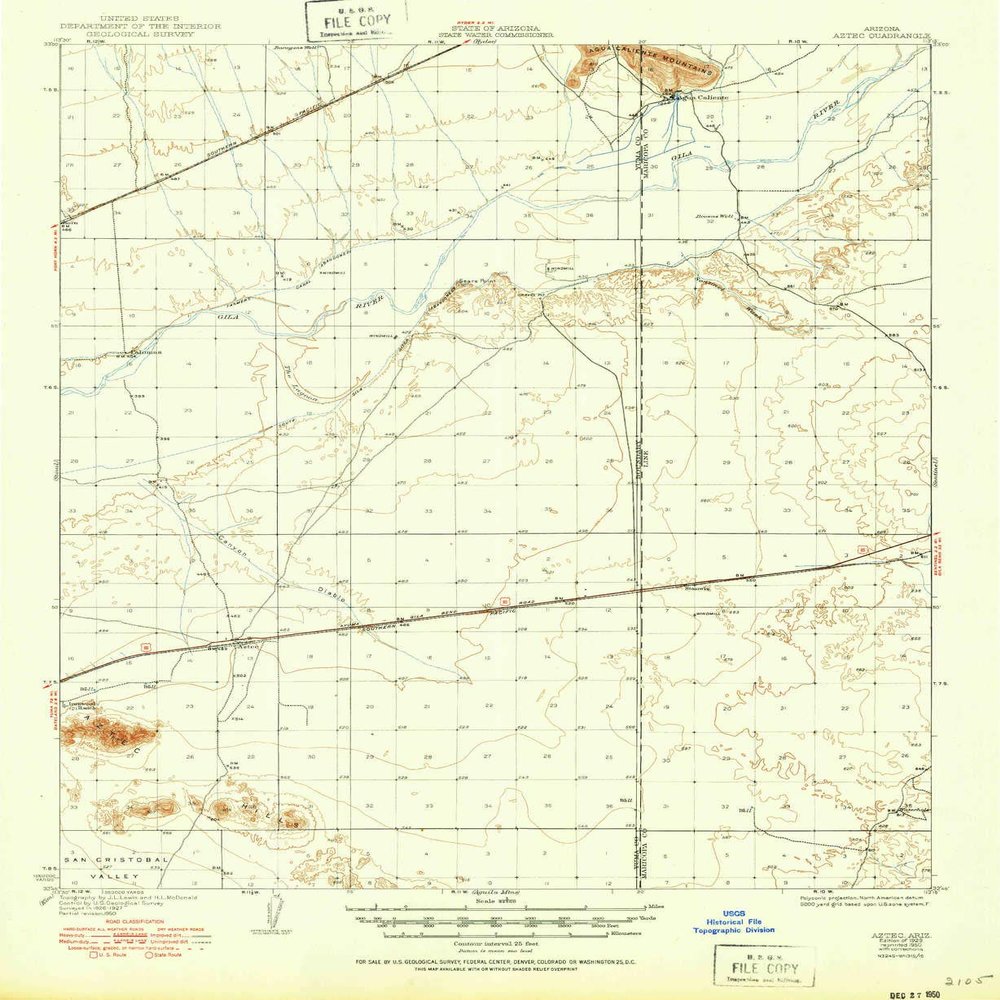 YellowMaps Aztec AZ topo map, 1:62500 Scale, 15 X 15 Minute, Historical, 1929, Updated 1950, 20.7 x 16.9 in - Tyvek