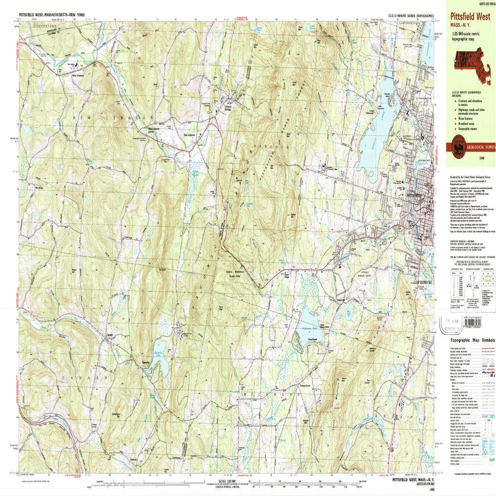 YellowMaps Pittsfield West MA topo map, 1:25000 Scale, 7.5 X 15 Minute, Historical, 1988, Updated 1988, 24 x 38.7 in - Tyvek