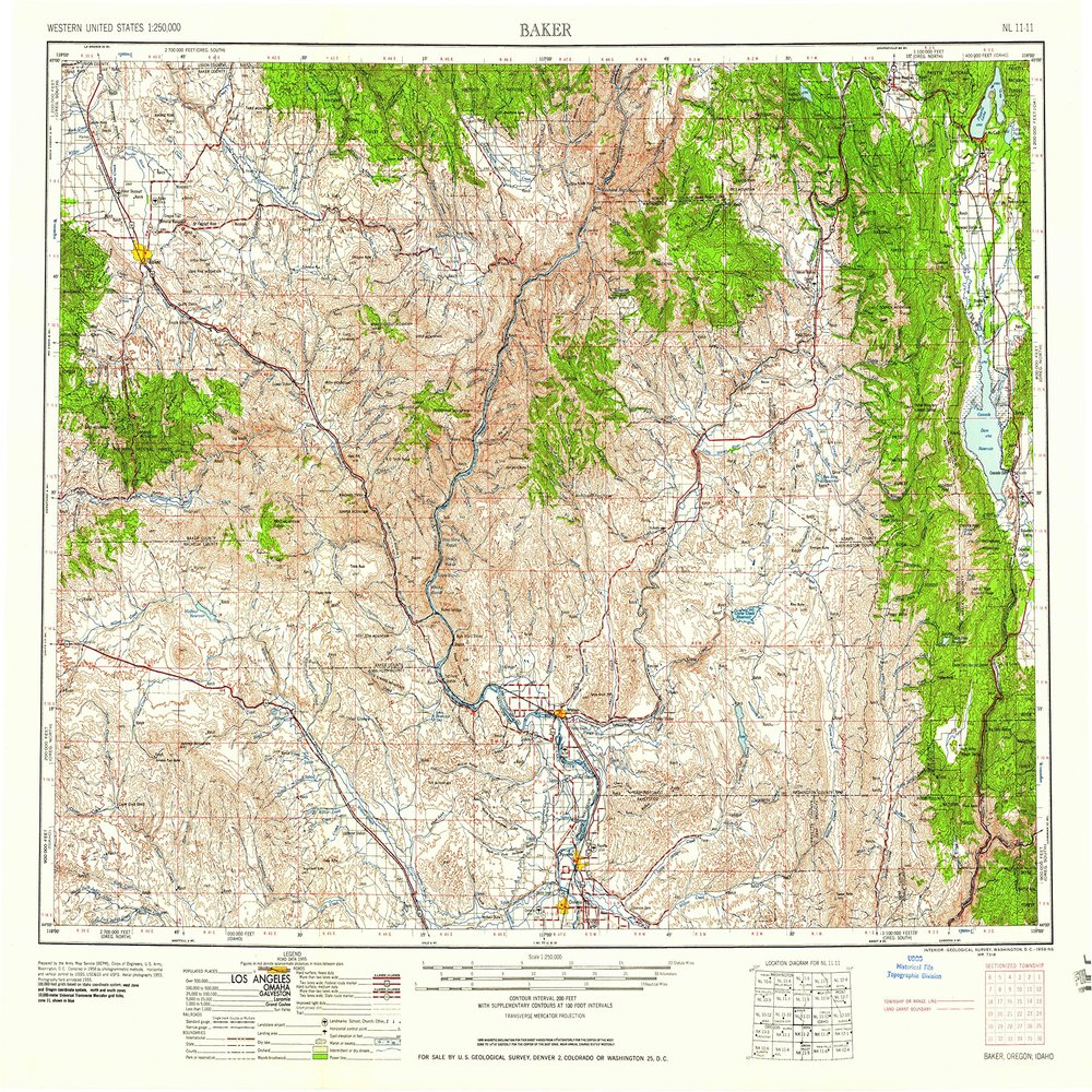 YellowMaps Baker OR topo map, 1:250000 Scale, 1 X 2 Degree, Historical, 1959, Updated 1959, 22.1 x 28 in - Polypropylene