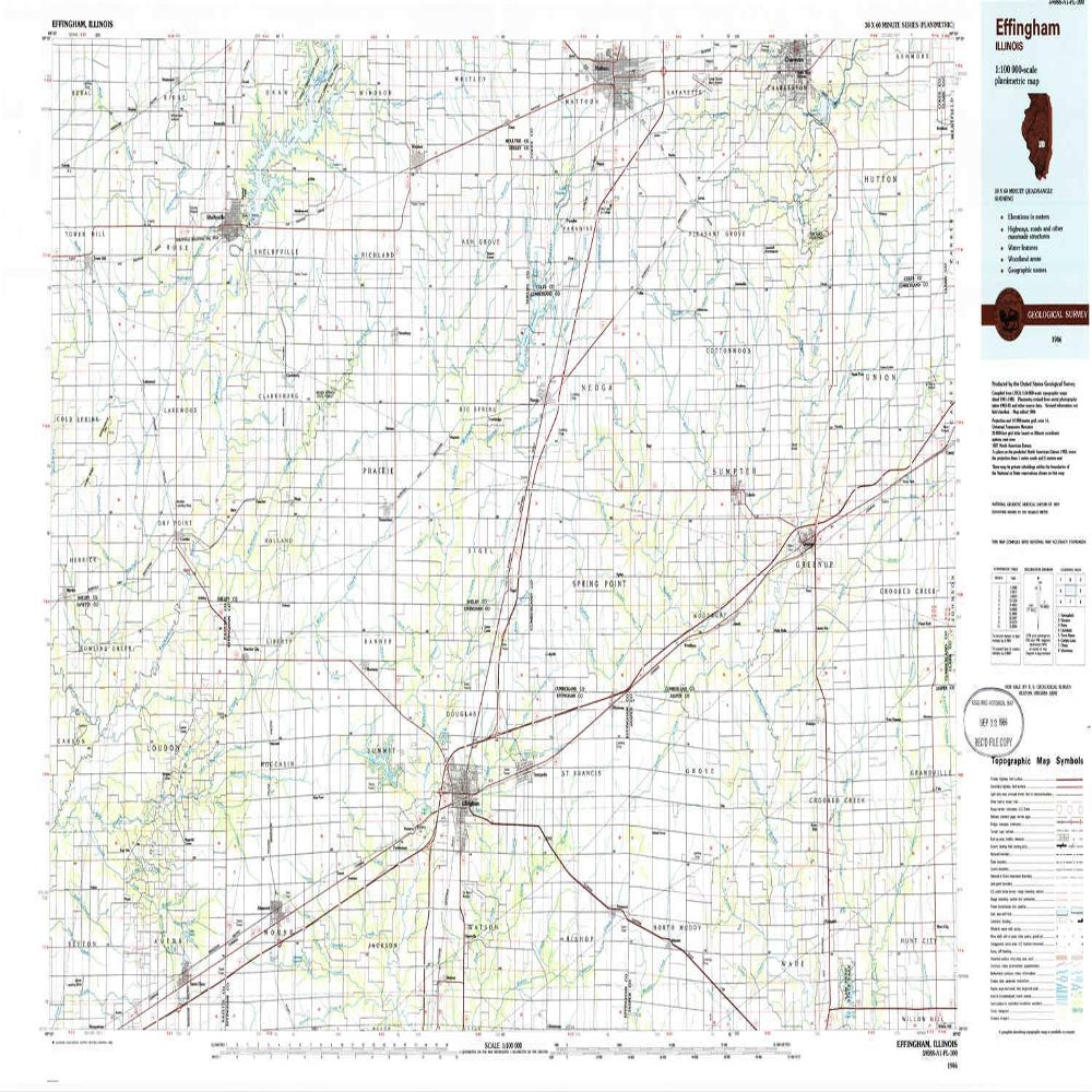 YellowMaps Effingham IL topo map, 1:100000 Scale, 30 X 60 Minute, Historical, 1986, Updated 1986, 24.1 x 41 in - Tyvek