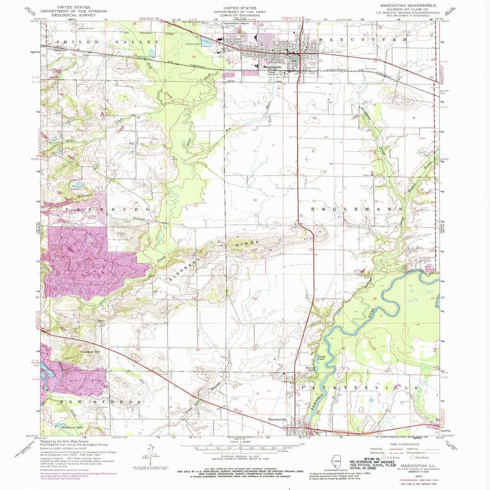 YellowMaps Mascoutah IL topo map, 1:24000 Scale, 7.5 X 7.5 Minute, Historical, 1954, Updated 1988, 26.9 x 22 in - Tyvek