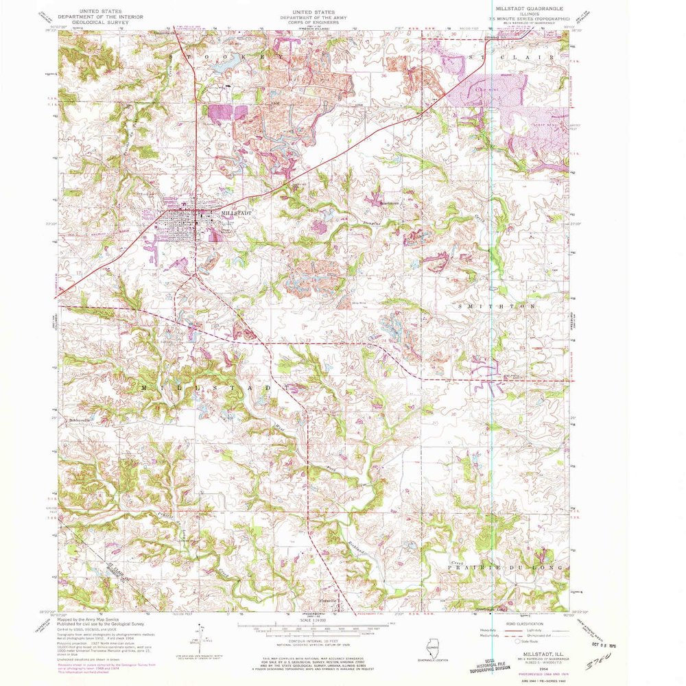 YellowMaps Millstadt IL topo map, 1:24000 Scale, 7.5 X 7.5 Minute, Historical, 1954, Updated 1975, 26.9 x 24 in - Polypropylene