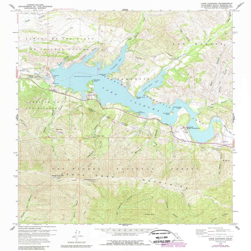 YellowMaps Lake Cachuma CA topo map, 1:24000 Scale, 7.5 X 7.5 Minute, Historical, 1959, Updated 1989, 26.8 x 22 in - Polypropylene