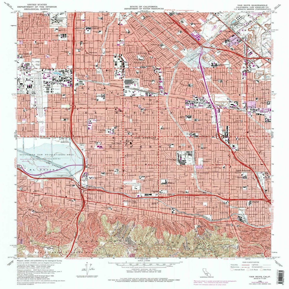 YellowMaps Van Nuys CA topo map, 1:24000 Scale, 7.5 X 7.5 Minute, Historical, 1966, Updated 1987, 26.9 x 21.5 in - Polypropylene