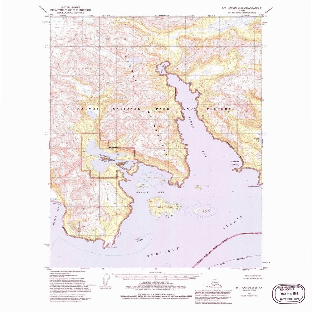 YellowMaps Mt Katmai A 2 AK topo map, 1:63360 Scale, 15 X 15 Minute, Historical, 1951, Updated 1994, 21.5 x 18 in - Polypropylene