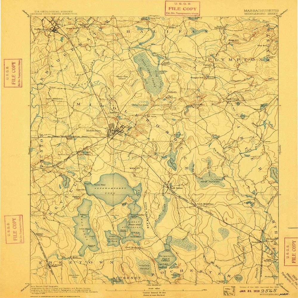 YellowMaps Middleboro MA topo map, 1:62500 Scale, 15 X 15 Minute, Historical, 1893, Updated 1909, 19.5 x 15.7 in - Polypropylene