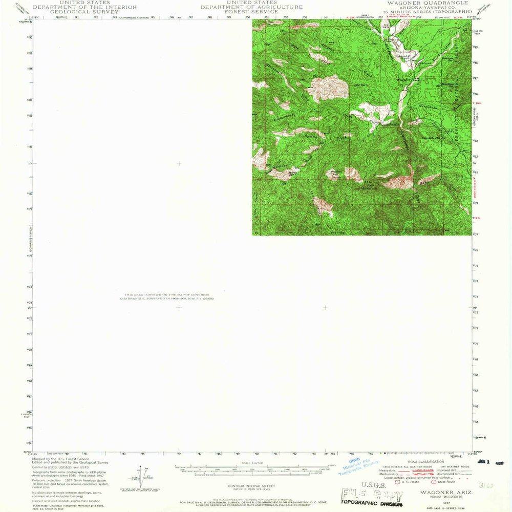 YellowMaps Wagoner AZ topo map, 1:62500 Scale, 15 X 15 Minute, Historical, 1947, Updated 1967, 20.7 x 16.9 in - Polypropylene