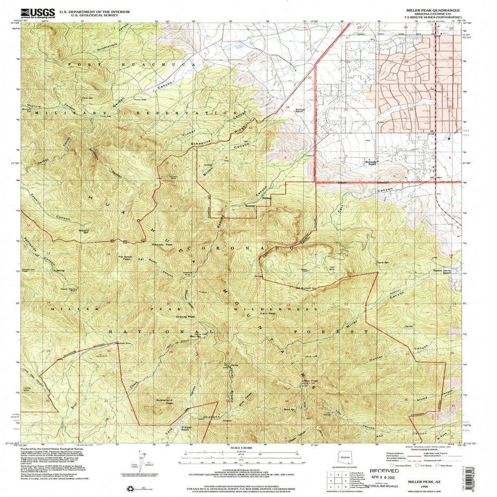 YellowMaps Miller Peak AZ topo map, 1:24000 Scale, 7.5 X 7.5 Minute, Historical, 1996, Updated 2002, 26.9 x 22 in - Polypropylene