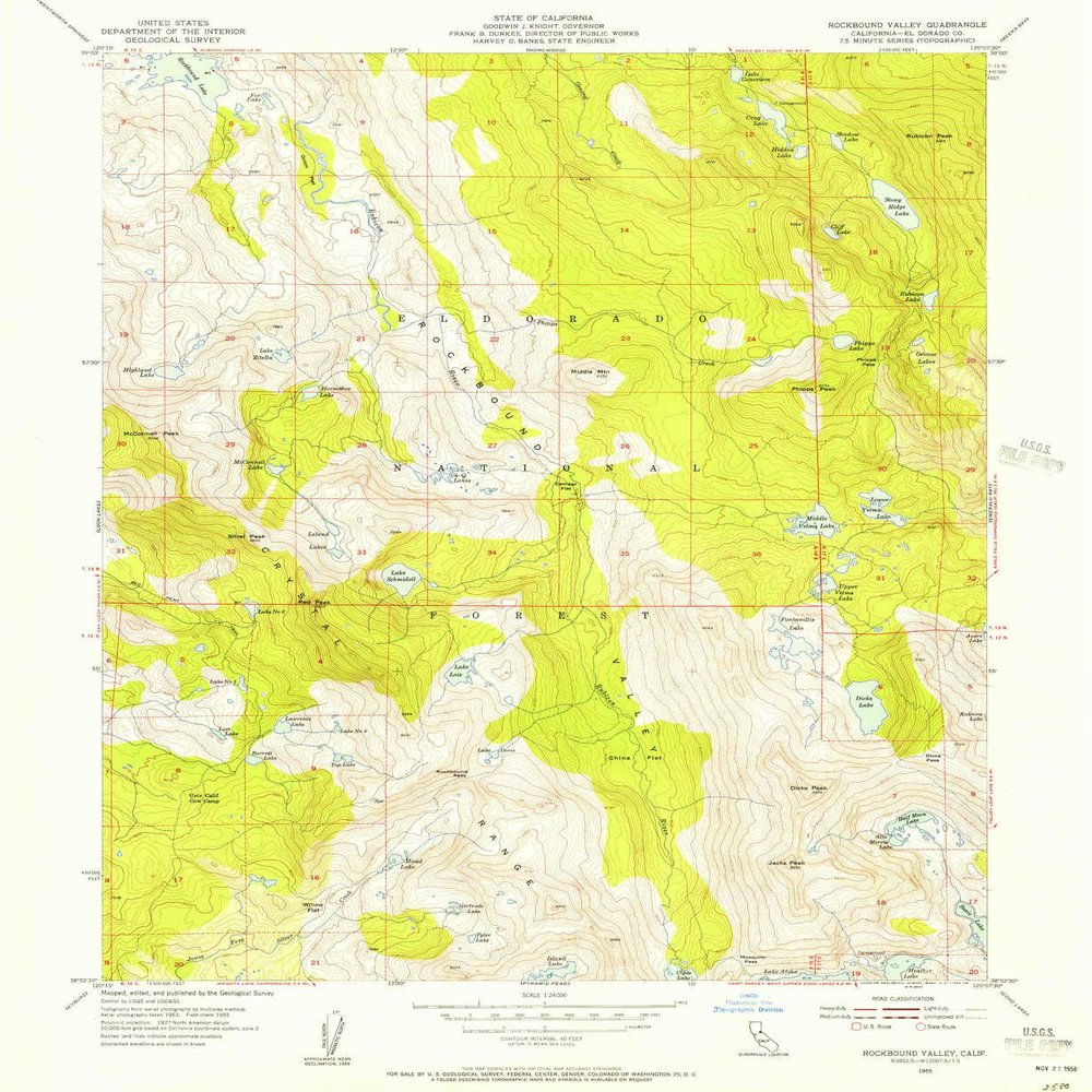 YellowMaps Rockbound Valley CA topo map, 1:24000 Scale, 7.5 X 7.5 Minute, Historical, 1955, Updated 1956, 26.8 x 22 in - Polypropylene