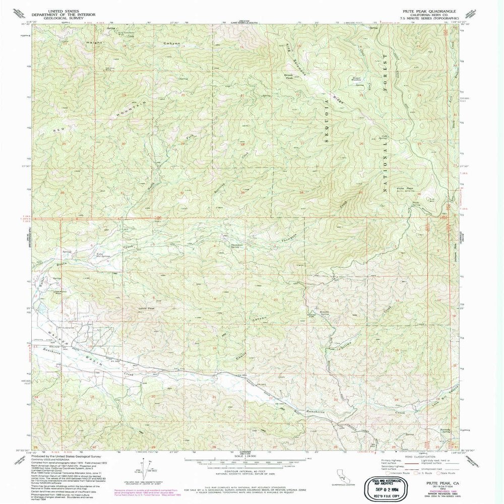 YellowMaps Piute Peak CA topo map, 1:24000 Scale, 7.5 X 7.5 Minute, Historical, 1972, Updated 1994, 26.8 x 21.9 in - Polypropylene