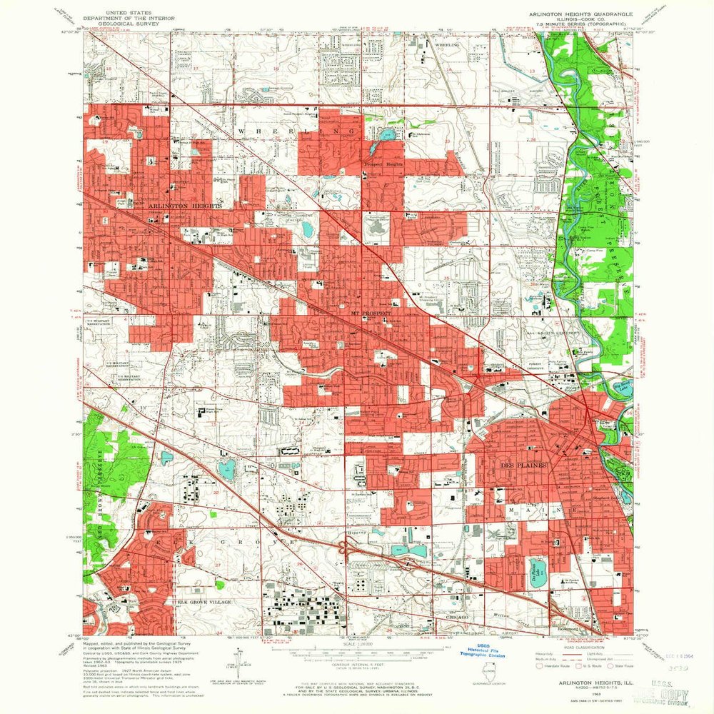 YellowMaps Arlington Heights IL topo map, 1:24000 Scale, 7.5 X 7.5 Minute, Historical, 1963, Updated 1964, 26.9 x 22 in - Tyvek