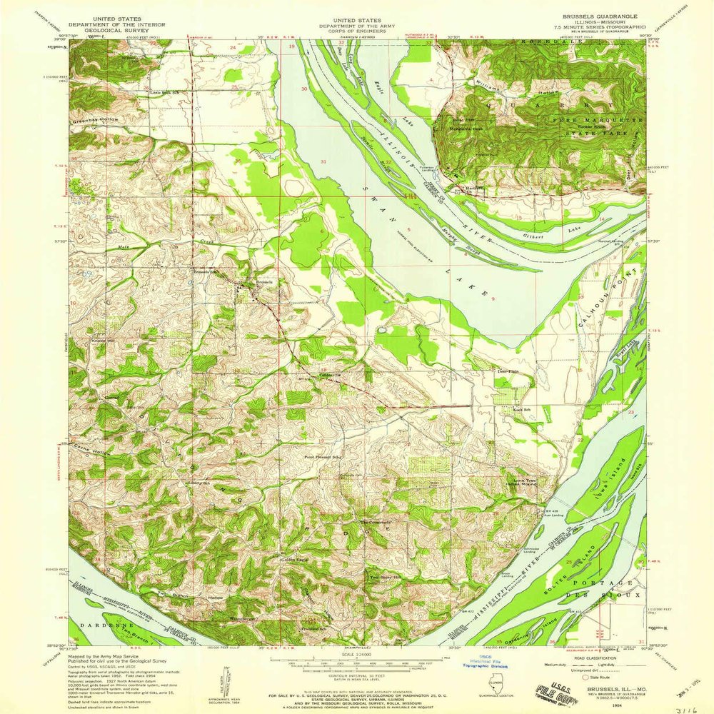 YellowMaps Brussels IL topo map, 1:24000 Scale, 7.5 X 7.5 Minute, Historical, 1954, Updated 1959, 26.8 x 22 in - Tyvek