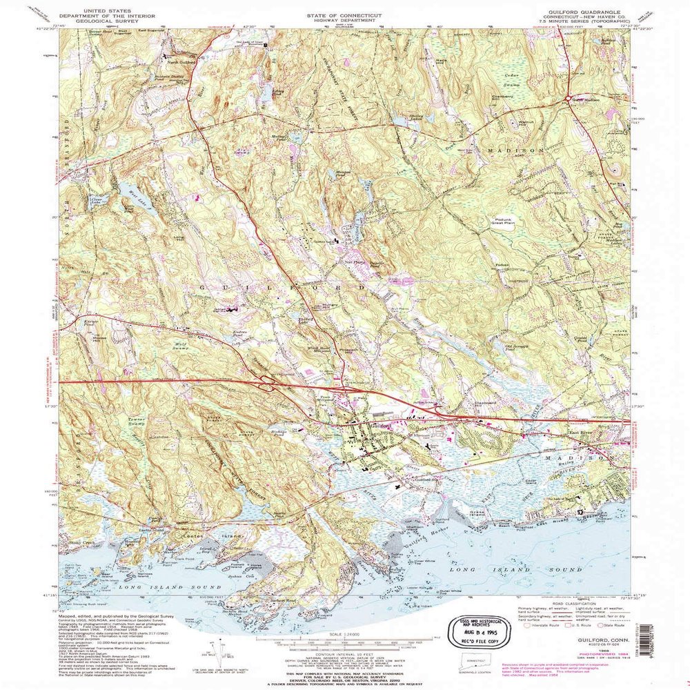 YellowMaps Guilford CT topo map, 1:24000 Scale, 7.5 X 7.5 Minute, Historical, 1968, Updated 1988, 27.7 x 20.7 in - Polypropylene