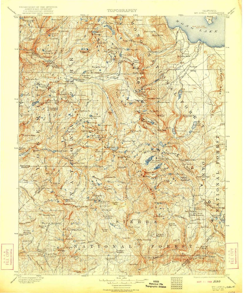 Mt Lyell CA topo map, 1:125000 Scale, 30 X 30 Minute, Historical, 1901, Updated 1922, 19.8 x 16.5 in - Polypropylene