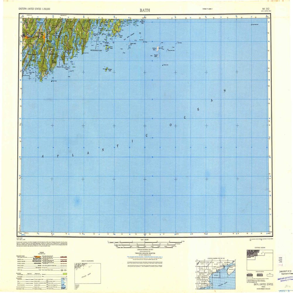YellowMaps Bath ME topo map, 1:250000 Scale, 1 X 2 Degree, Historical, 1948, Updated 1948, 24 x 30.3 in - Tyvek