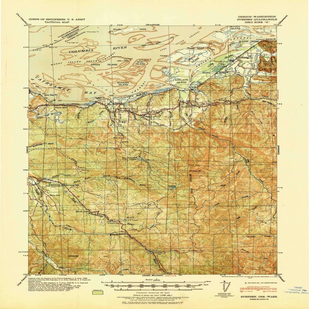 YellowMaps Svensen OR topo map, 1:62500 Scale, 15 X 15 Minute, Historical, 1940, Updated 1940, 21.7 x 15.1 in - Tyvek