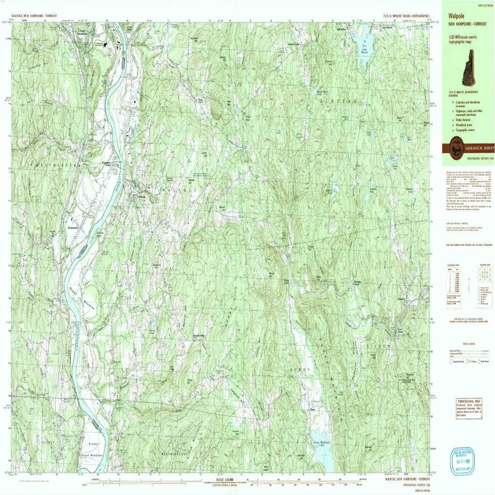 YellowMaps Walpole NH topo map, 1:25000 Scale, 7.5 X 15 Minute, Historical, 1985, Updated 1985, 24 x 37.9 in - Tyvek