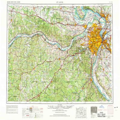 YellowMaps St Louis MO topo map, 1:250000 Scale, 1 X 2 Degree, Historical, 1963, Updated 1970, 22.1 x 32 in - Tyvek
