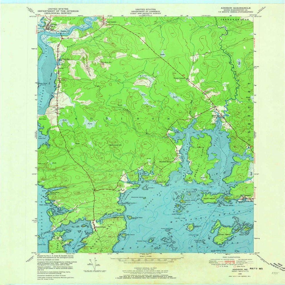 YellowMaps Addison ME topo map, 1:24000 Scale, 7.5 X 7.5 Minute, Historical, 1948, Updated 1973, 27.5 x 21.5 in - Tyvek