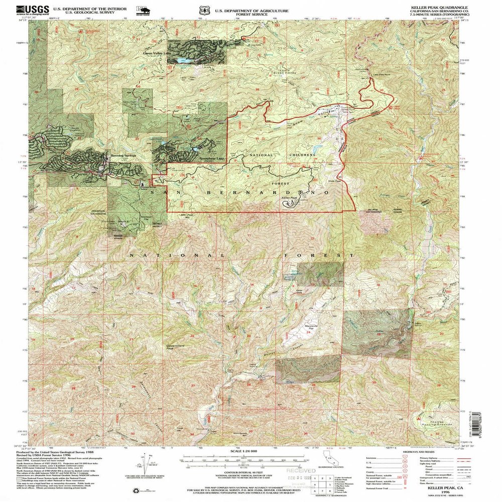 Keller Peak CA topo map, 1:24000 Scale, 7.5 X 7.5 Minute, Historical, 1996, Updated 1999, 26.8 x 22 in - Polypropylene