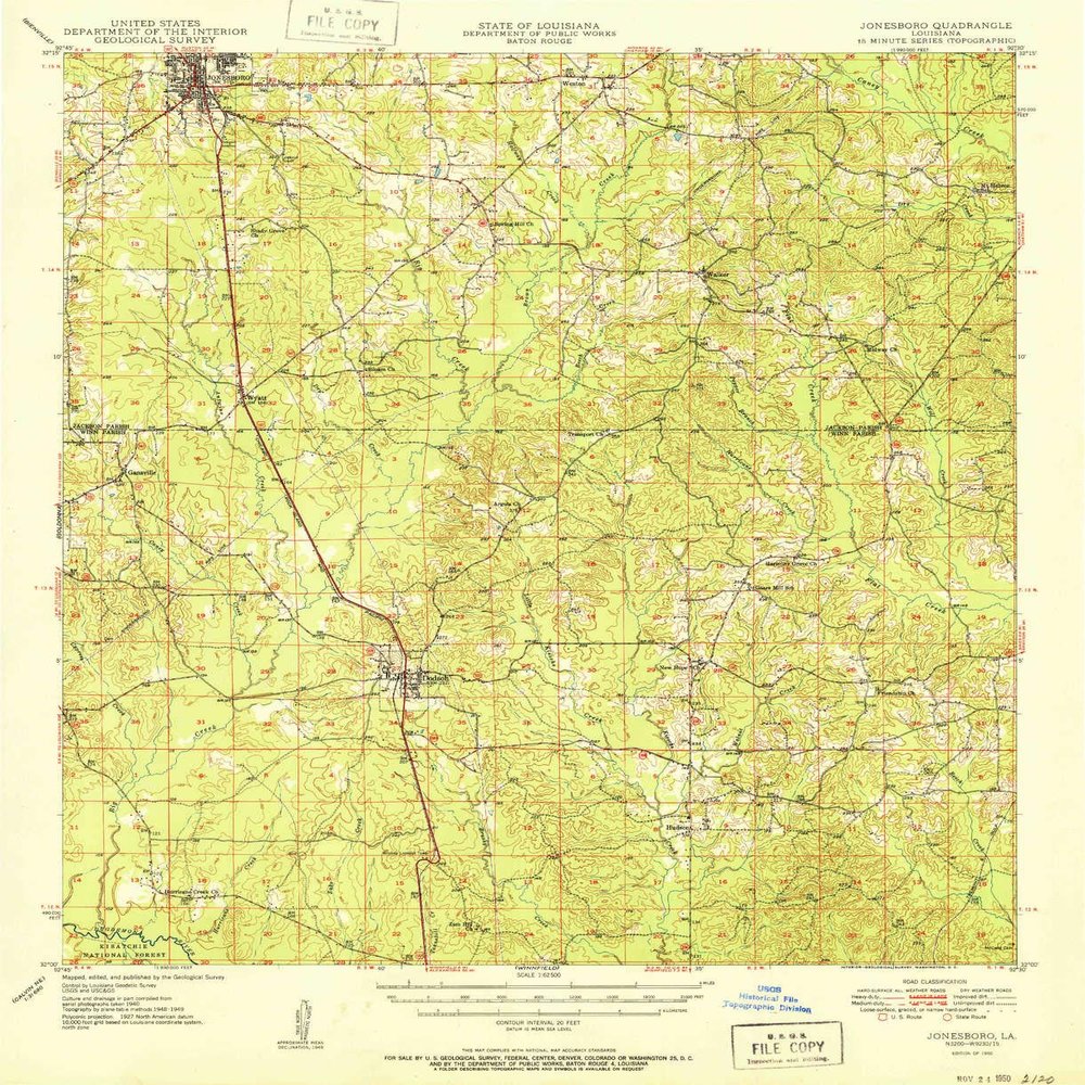 YellowMaps Jonesboro LA topo map, 1:62500 Scale, 15 X 15 Minute, Historical, 1950, 20.8 x 16.9 in - Tyvek