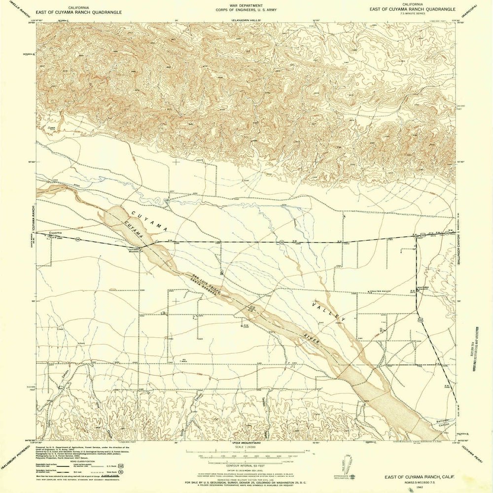 YellowMaps East of Cuyama Ranch CA topo map, 1:24000 Scale, 7.5 X 7.5 Minute, Historical, 1942, Updated 1959, 26.8 x 22 in - Polypropylene