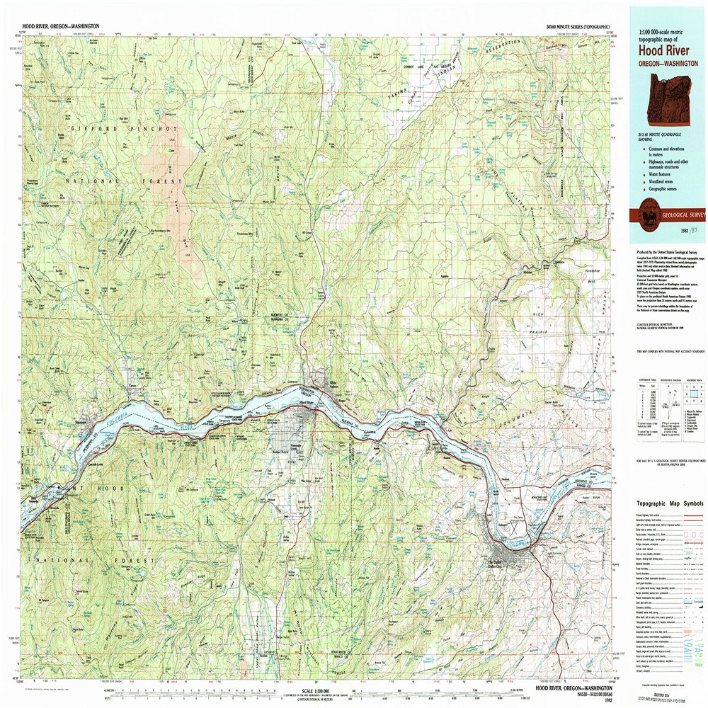 YellowMaps Hood River OR topo map, 1:100000 Scale, 30 X 60 Minute, Historical, 1982, Updated 1983, 24.1 x 36.8 in - Polypropylene