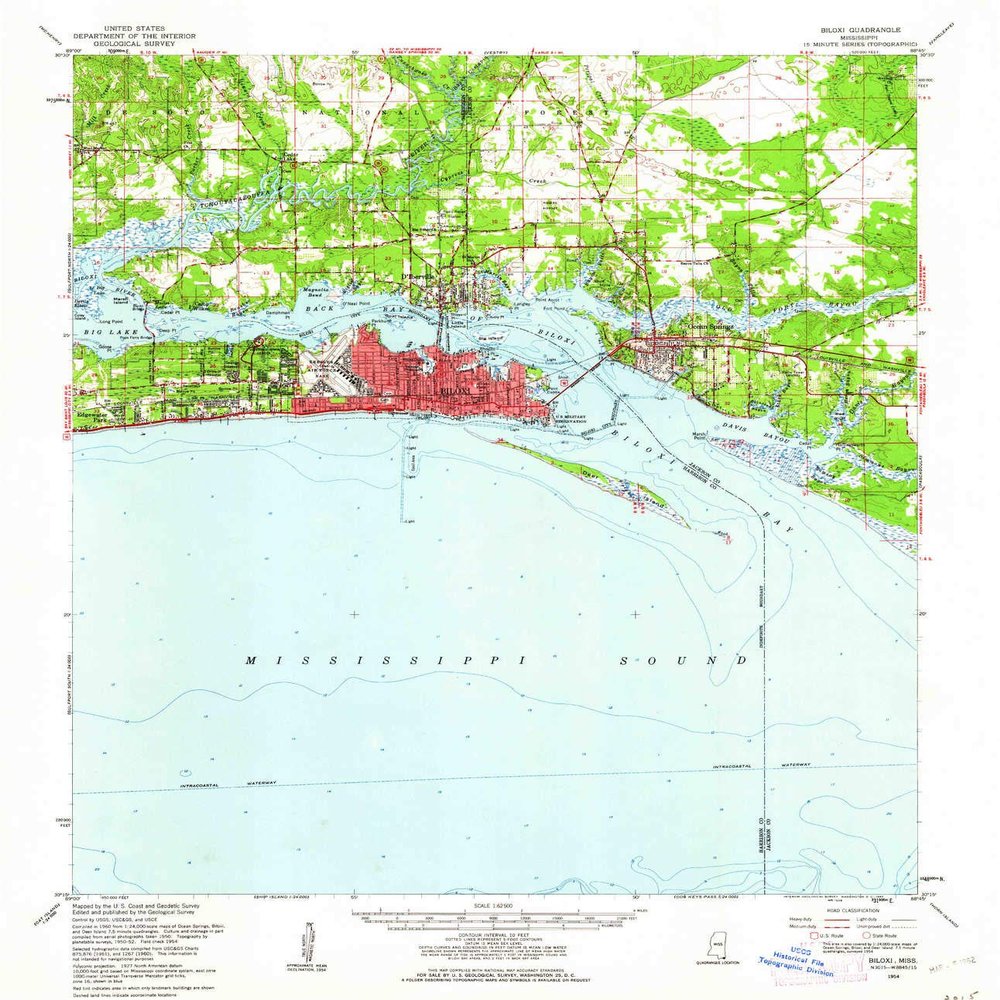 YellowMaps Biloxi MS topo map, 1:62500 Scale, 15 X 15 Minute, Historical, 1954, Updated 1962, 20.8 x 17.9 in - Tyvek